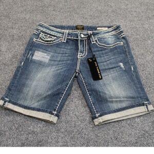 Anoname Heidi Bermuda Shorts Denim Jeans Blue White Stitching Womens Size 27 NWT